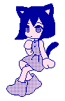 A blue pixel catgirl blinking and kicking her feet gently.