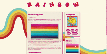 A theme preview. A retro style background with boxes overlaid. There is an 8 striped flag in the corner. As the user clicks each stripe, the color scheme of the box shadows, border, and text changes to match.