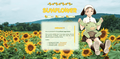 A theme preview. It's a profile page with a background image of sunflowers. A foggy box with text is in the center. A PNG of a girl is sitting next to the box.