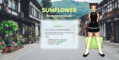 A theme preview. It's a profile page with a background image of a city road. On the left, there are storefronts with flowers and the background shows a distant mountainous forest. A PNG of an anime-styled girl stands next to the foggy text box. She is holding a green bag behind her, smiling, and wearing cat ears.