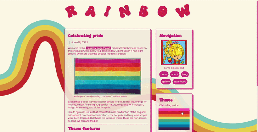 A theme preview. A retro style background with boxes overlaid. There is an 8 striped flag in the corner. As the user clicks each stripe, the color scheme of the box shadows, border, and text changes to match.