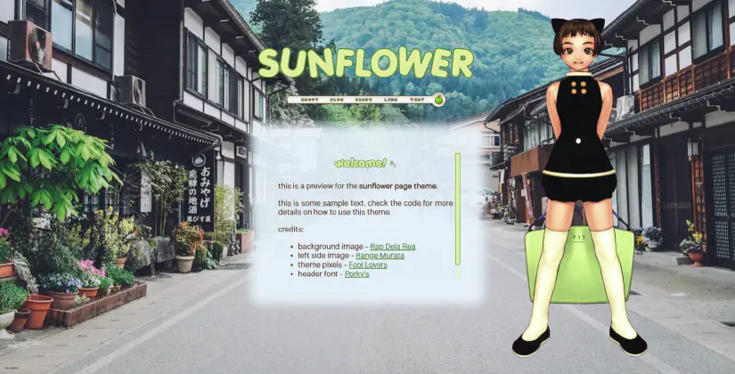 A theme preview. It's a profile page with a background image of a city road. On the left, there are storefronts with flowers and the background shows a distant mountainous forest. A PNG of an anime-styled girl stands next to the foggy text box. She is holding a green bag behind her, smiling, and wearing cat ears.