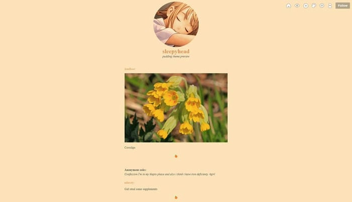 A yellow Tumblr blog theme. It's minimal and serene with a photo of flowers and a sleeping girl.