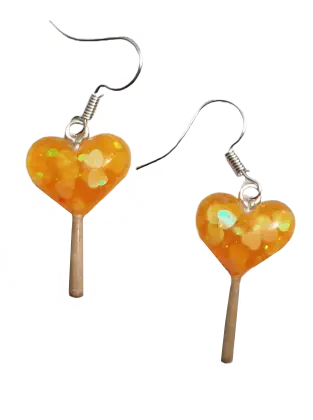 A sets of glittery yellow heart shaped lollipop earrings.