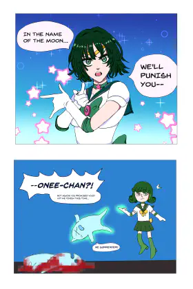 Tatsumaki and Fubuki drawn in a shoujo-esque style, dressed as sailor senshi. Fubuki is attempting to deliver a speech while Tatsumaki interrupts by taking out the enemies prematurely.