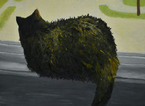 A painting of a fluffy cat staring out the window as she lays on the windowsill.