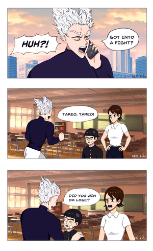 A comic where Garou discovers Tareo got into a fight, runs to the school, and asks Tareo if he won or lost, much to the teacher's dismay.