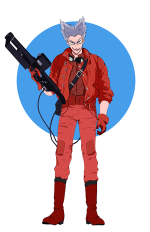 Garou dressed in Kaneda's iconic red outfit. He is holding a gun and grinning.