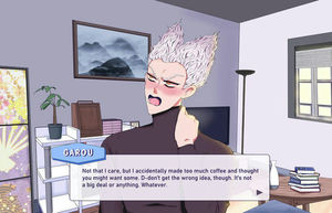 A theoretical screencap of Garou in an otome game, blushing as he shyly explains he got you coffee. He's in a sunny room.