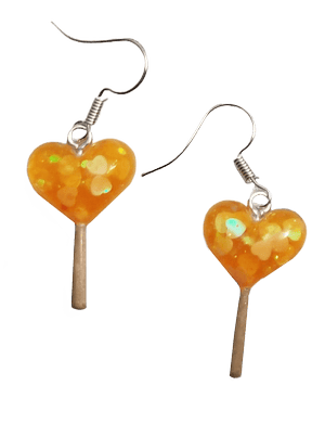 A sets of glittery yellow heart shaped lollipop earrings.