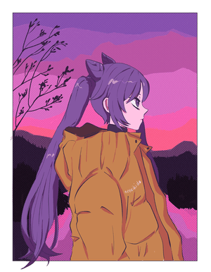 Keqing in a heavy winter coat set against a stylized blue, pink, and purple landscape.