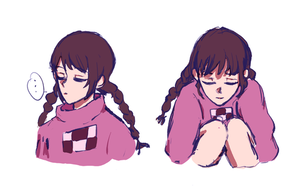 Two drawings of a young girl. In one, she looks pensive, and the other, she looks distressed.