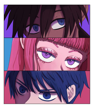 Three sections of eyes. Suiryu's eyes are at the top, looking flippant. Webigaza's are in the middle. Her expression is difficult to discern. Blue's are at the bottom. He looks determined. The colors are very saturated.