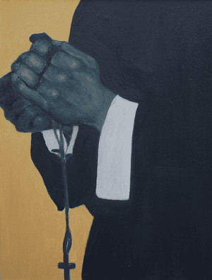 A semi-realistic painting of two hands clasped together in prayer, holding a rosary. The hands are blue-toned against a yellow background.
