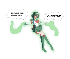Senshi Tatsumaki with wide eyes, causing terror as she laughs and destroys those who oppose her.