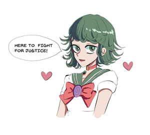 Tatsumaki dressed as a sailor senshi, smiling brightly as she asserts her will to battle for justice.