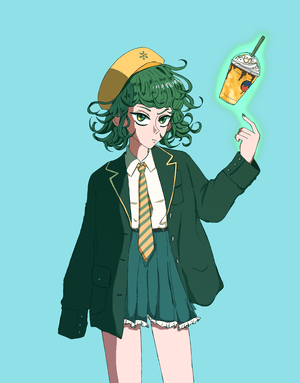 A woman with curly green hair wearing a yellow beret, a white button-up, a tennis skirt, an oversized green coat, and striped tie. She is scowling as she telekinetically holds up an iced latte.