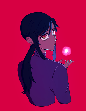 A woman with a ponytail shrouded in shadow against a bright red backdrop. A glowing bead floats before her hand, as if she is holding it.